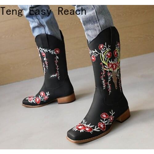 Vintage Cowboy Boots Low Heel Autumn Winter Women Shoes British Embroidered Design Western Mid-calf Boots Party Femmes Bottes 41