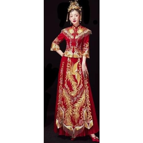 Oriental Bride Phoenix Embroidery Wedding Dress Exquisite Cheongsam Chinese Style Costume Qipao Marriage Gift