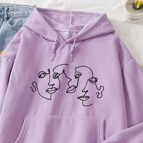 Korean Cotton Women Hoodies Sweatshirt Casual Art Line Abstract Streetwear Face Aesthetic Tops Sportswear Long Sleeve Hoodie