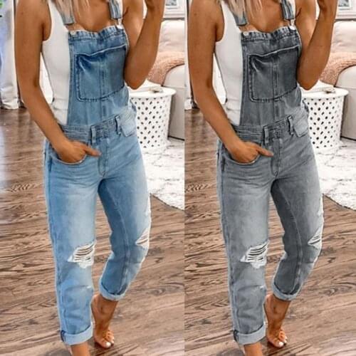 Women Jumpsuit 2021 Pant Set Solid Color Slim Dungarees Women Sleeveless Pockets Ripped Holes Suspender Trousers for Work