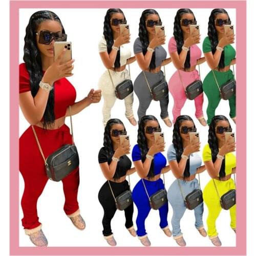 Stacked Leggings Tracksuit Woman 2 Piece Sets 2020 Summer Crop Top Matching Pants Summer sweatpants Fitness Outfits Clothes