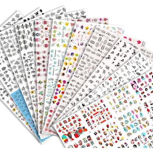 12 Designs Nail Stickers Set Mixed Floral Geometric Nail Art Water Transfer Decals Sliders Flower Leaves Manicures Decoration