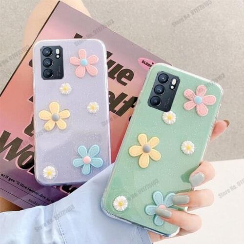 3D Daisy Flowers Glitter Phone Case For Oppo Reno 6 Pro Plus A95 K9 Silicone Shockproof Clear Cover For Realme V15 F19 Pro Plus