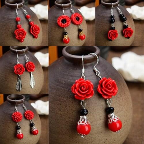 Chinese fashion red Rose S925 Silver Pendant Bride Short / long rose / hydrangea festival Retro Ethnic Style Earrings for women