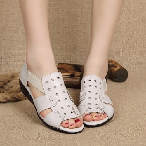 Summer genuine leather soft bottom hollow fish mouth ladies sandals comfortable non-slip slope with mother walking sandals