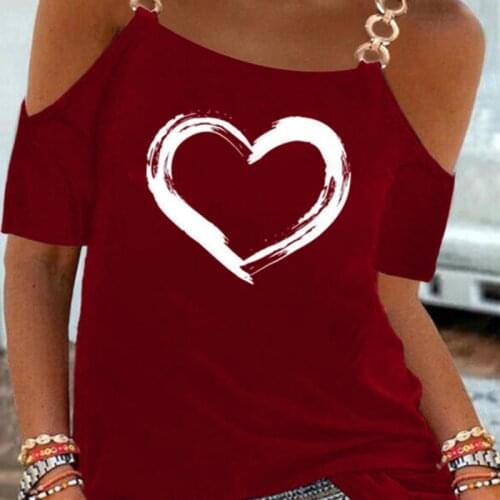 Summer New Fashion Womens Love Solid Sling Strapless T-Shirt Loose Off-shoulder Short Sleeve Women Casual Tops Clothes T Shirt