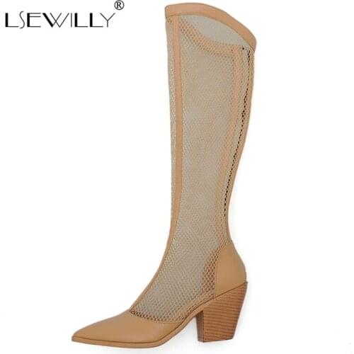 Lsewilly 2021 Summer Mesh Net Pointed Toe Chunky High Heels Punk Sandals Womens Knee High Boots Riding Booties Shoes Size 43