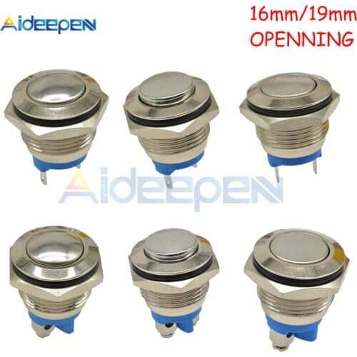 16mm 19mm Metal Push Button Switch LED Light 250V 5A Self-reset Car Start Button Power Button High Flat Head with Switch Cable