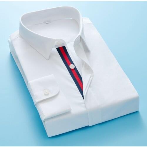 Korean Mens Long Sleeve Standard-fit Solid Basic Dress Shirt High-quality Formal Social White Work Office Shirts