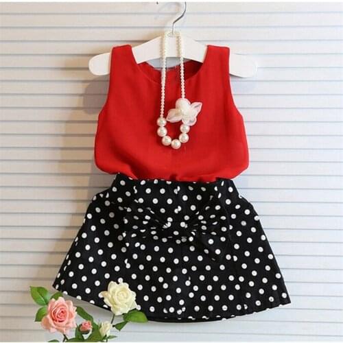 New Summer Kids Baby Girl Clothing Set Sleeveless Chiffon Tops and Polka Dot Bowknot Mini Skirts No necklace