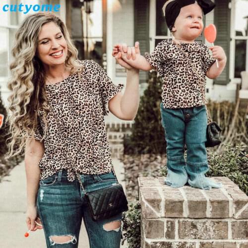 Mommy and me Clothes Short Slevee Leopard Tops Family t shirt mother and daughter clothes Mom And Daughter Chiffon T-shirt