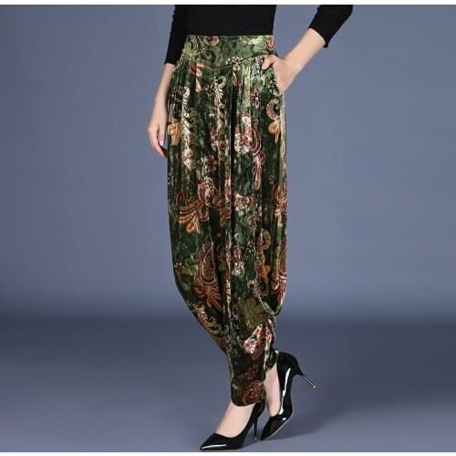 Autumn winter mother velvet pants loose print trousers carrot pants high waist wide leg pants female harem pants Womens pants