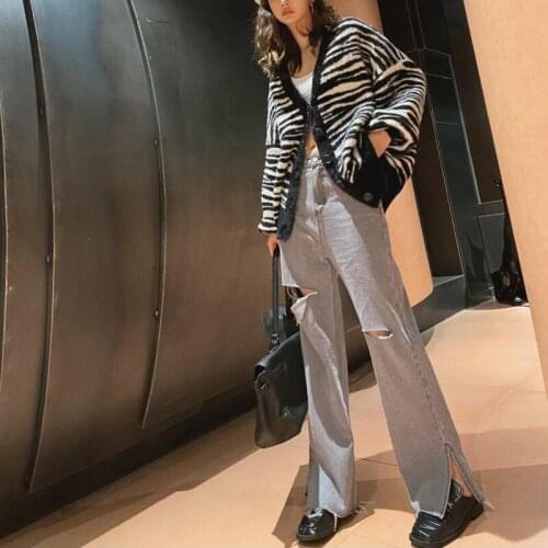 Herfst Split Ripped Jeans Hoge Taille Rechte Broek Denim Vrouwelijke Wijde Pijpen Broek Mujer Mop Floor Cowboy Koreaanse stijl