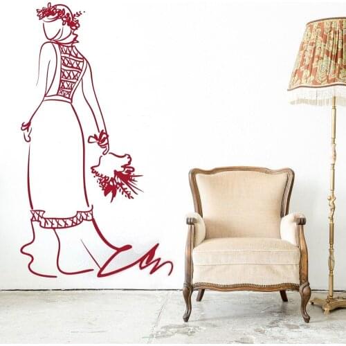 Wedding Decoration Vinyl Decal Sticker Fashion Girl with A Bouquet and A Long Dress Removabble Wall Sticker AZ-45