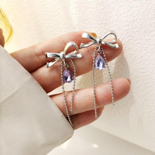 Temperament French Bow Crystal Tassel Clip Earrings Retro Purple Stone Long Clip on Earrings Without Piercing for Lady Women