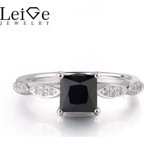 Leige Jewelry Black Spinel Square Cut Rings Anniversary Wedding Rings Prong Setting Trendy Gifts Customized Available 925 Silver