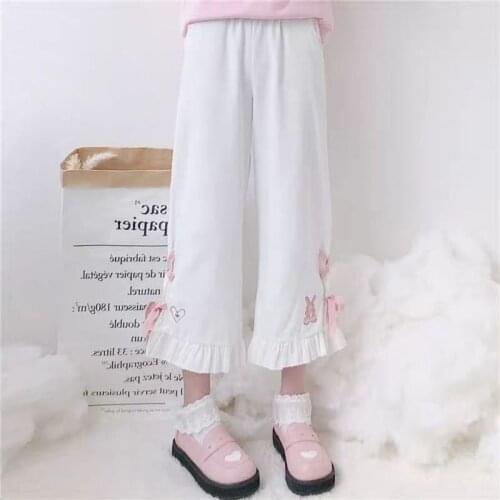 Spring and Autumn Japanese-Style Soft Cute Rabbit Casual Loose-Fit Ruffle Trim Wide-Leg Pants Student High-Waist Cropped Pants