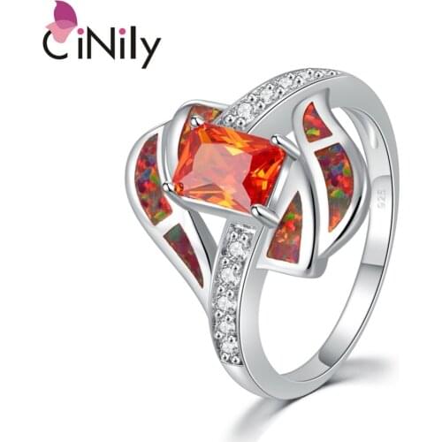 CiNily Orange Fire Opal Stone CZ Crystal Filled Finger Rings Silver Plated Solar Red Ganet Luxury Cocktail Party Jewelry Woman