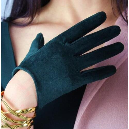 Womens faux suede leather dark green short gloves female sexy club party dress fashion driving glove R1285