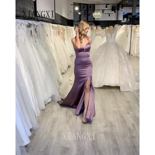 2020 Sexy Mermaid Satin Spaghetti Strap High Split Long Evening Dress Formal Gowns Party Dress Vestido de festa longo
