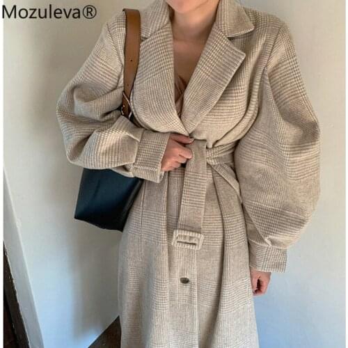 Mozuleva Vintage Lapel Plaid Women Woolen Coats Single-breasted Sashes Puff Sleeve Female Long Overcoats Ladies Blend Coats 2021