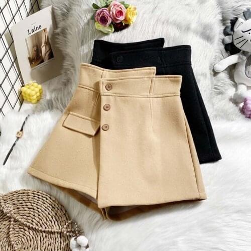 Winter high-waist Korean style irregular woolen short skirt single-breasted A-line skirt Slim split skirt pants