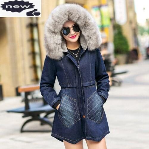 Winter Lining Thicken Warm Womens Long Coat Faux Fur Collar Hooded Denim Jacket Washed Jeans Female Parka Slim Fit Overcoats
