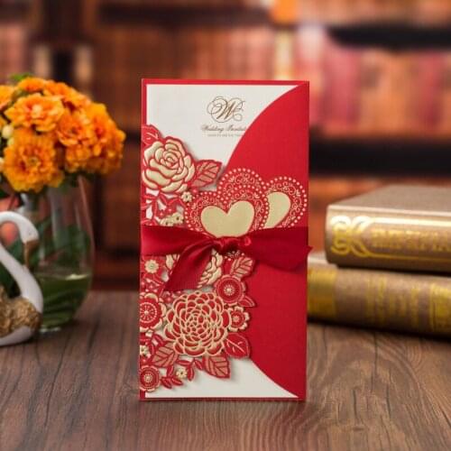 20 pieces/lot) Rose Flower Red White Gold Wedding Invitation Card Engagement Double Heart Invitations With Envelope CX075R