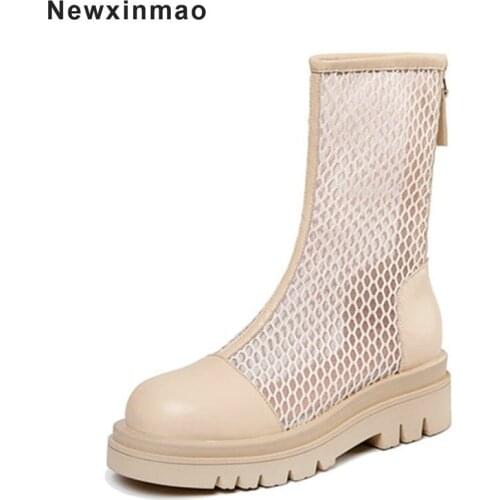 2021 new Round Toe Shoes Woman Platform Chunky Heels Ankle Boots Female Genuine Leather Summer Spring Working Basic Summer Boots