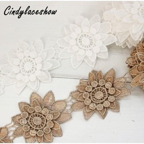 3 Layers 3D Floral Lace Trim Ribbon White Gold Embroidered Water Soluble Sew on Flowers Lace Appliques For Clothing Dress Motifs