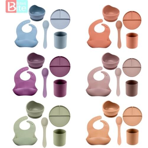 Bite Bites 5Pcs/1Set Silicone Baby Feeding Dishes Set Food Grade Silicone For Feeding Bowl Waterproof Bib Children Tableware