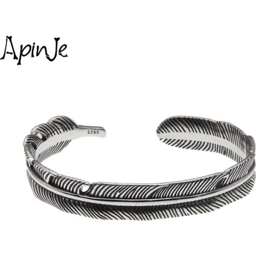 Apinje Retro High Quality 925 Sterling Silver Men Jewelry Thai Silver Personality Feathers Open Bangle
