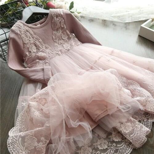 Kids Dresses for Girls Flower Autumn Winter Long Sleeve Girl Dress Wedding Party Gown Children Clothing for 3-8 Yrs Lace Clothes
