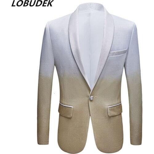 Mens Gradient Shiny Gold Silver Blazer Male Singer Host Stage Casual Suit Jacket Bar Performance Evening Party Business Coat