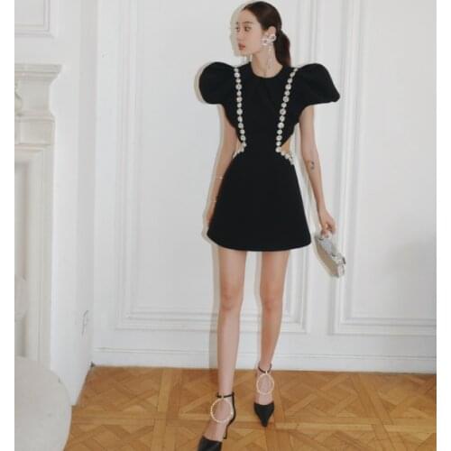 Double row drill bud sleeves A-line dress waist hollowed out dress