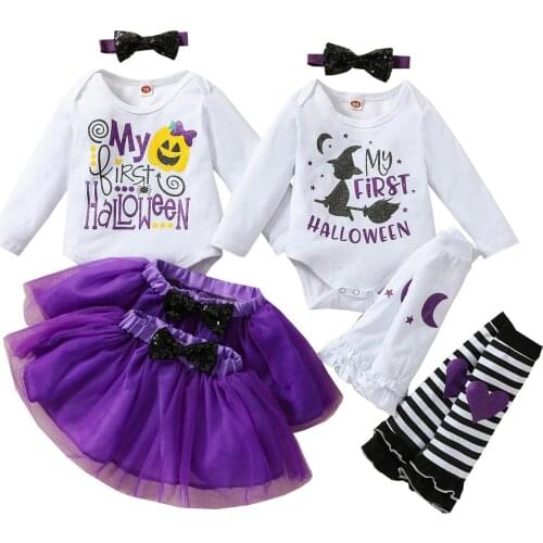 2021-07-14 Lioraitiin 0-18M Infant Baby Girl 4Pc Halloween Clothing Set Long Sleeve Letter Printed Romper Top Skirt Legging