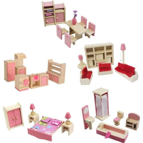 Dollhouse Families Set Miniature Wooden Simulation Furniture Playing House Kids Girls Pretend Play Mini Toys Dolls Accessories