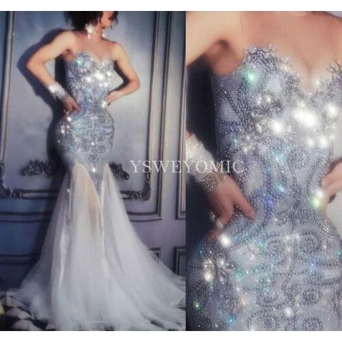 New Style Women Sexyl long dress Full Bling Silver Sparkling Crystals Nightclub Party Stage Wear Singer Costumes