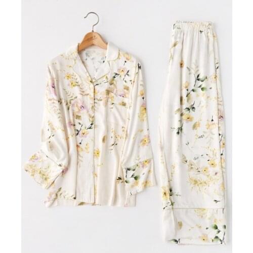 Autumn Women Pajamas Set Long Sleeves Pants Turn-down Collar Print floral Two Piece Suit Female Sleepwear Homewear Pyjamas Sets