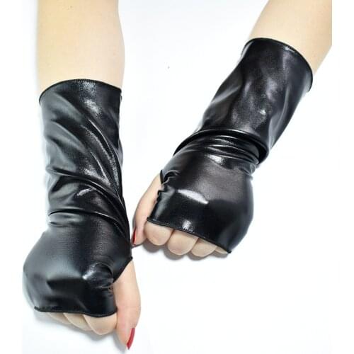 Short Fingerless Black Patent Leather Gloves Halloween Dress Up Punk Cos Hip-Hop Dance Emo Goth Guantes Leather Lolita Gloves