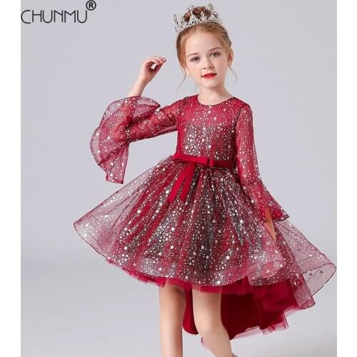 Flower Girl Wedding Party Dress Elegant Starry Sky Girl Birthday Party Performance Dress Flared Sleeves Vestidos Girls Clothes