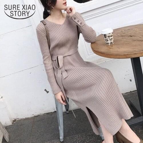 Split Elegant Midi Knitted Dress Autumn Sweater Dress Women V-Neck Bodycon Sexy Vestidos for Women Party New Arrivals Chic 12095