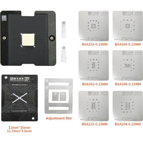 Universal EMMC EMCP UFS Reballing Jig Platform With BGA153 BGA162 BGA169 BGA186 BGA221 BGA254 BGA Reballing Stencil Kit 0.15MM