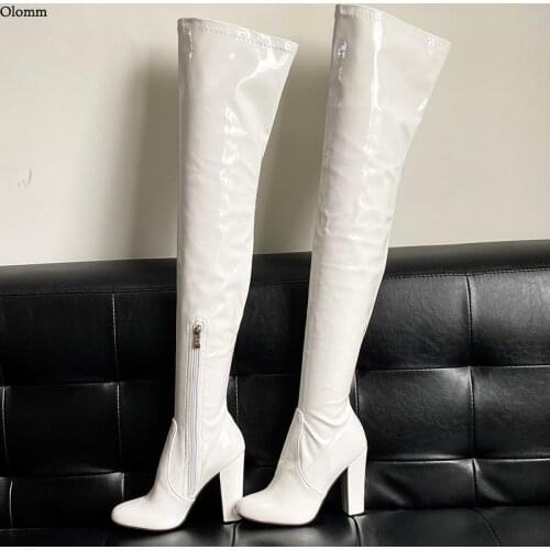 Olomm Women Spring Thigh High Boots Side Zipper Sexy Stiletto Heels Round Toe Pretty Violet White Dress Shoes Plus US Size 5-20