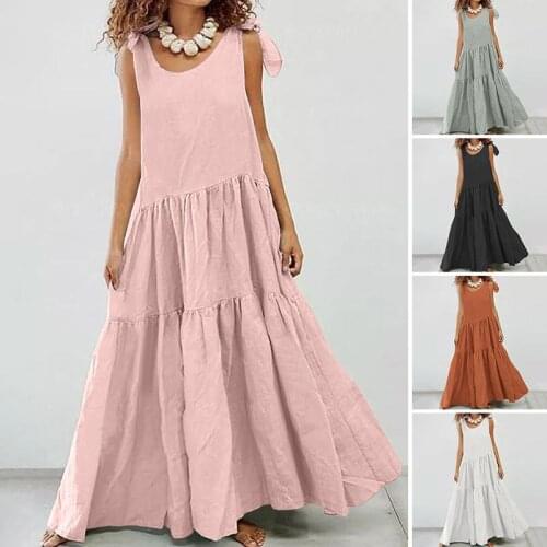 2021 Elegant Sleeveless Summer Dress Womens Tank Sundress Casual O Neck Solid Maxi Vestidos Female Linen Robe Femme 5XL