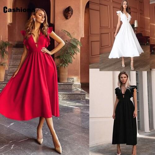 Cashiona 2021 Summer Mid-Calf Dress Plus Size Women Ruffled Sleeve A-line Dresses Femme Elegant Fashion Skirt Sexy V-neck Dress