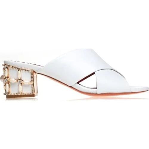 White Leather Cross Band Heel Slippers