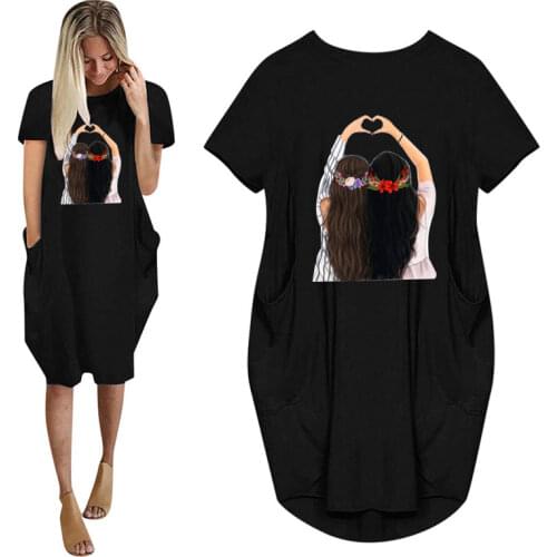 Travel Vacation Sweet Print Women Summer Short Sleeve Dress With Pocket Ladies Fashion O Neck Long Tops Female T Shirt Dress