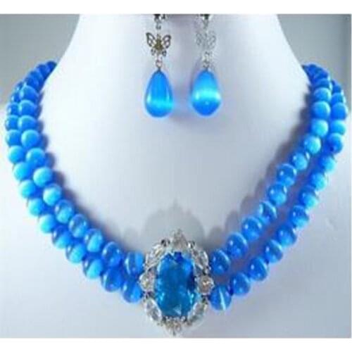 New Womens Charming LadyS 2 Rows 8mm Blue Necklace Pendant Earrings Set
