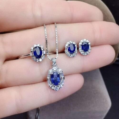 Real Natural Sapphire jewelry set Natural Real Sapphire 925 sterling silver 1pc pendant,1pc ring,2pcs Earring